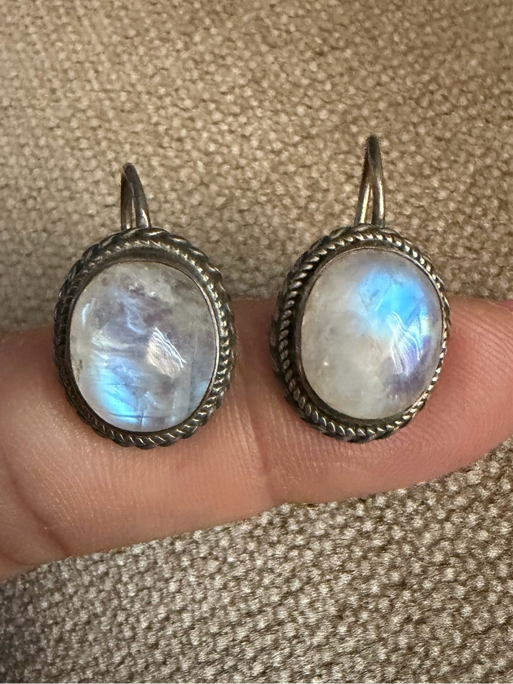 Sterling Silver Moonstone Drop Earrings - Iridescent Blue Glow